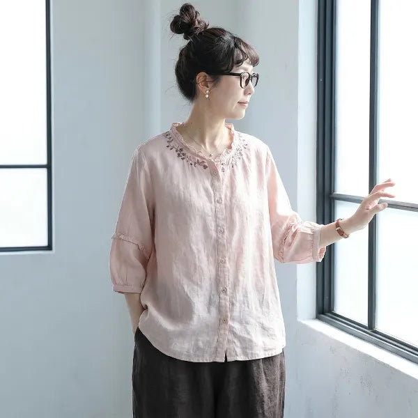 M-2XL 刺繍フリル襟リネンバルーン袖ブラウス
