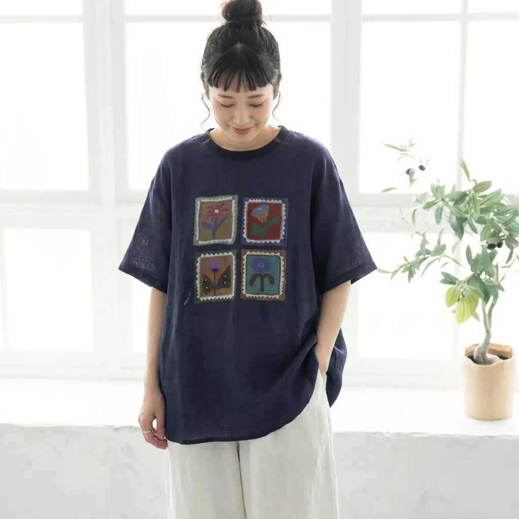 ルーズな雰囲気細見え半袖プルオーバーTシャツ