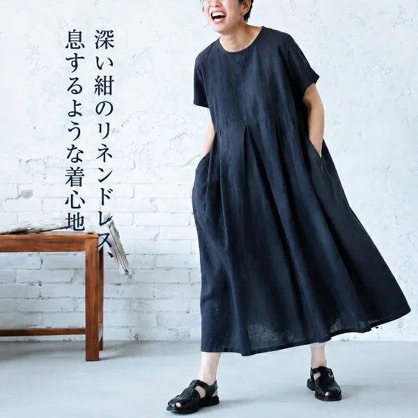 S-3XL 綿麻 無地 丸首 ギャザー ゆったり ナチュラル 大人カジュアル 通気性 体型カバー 夏コーデ 半袖 ワンピース