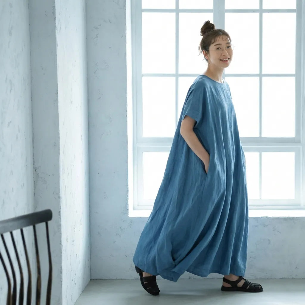 M-XL 脇ポケットリネン ロングワンピース ナチュラル