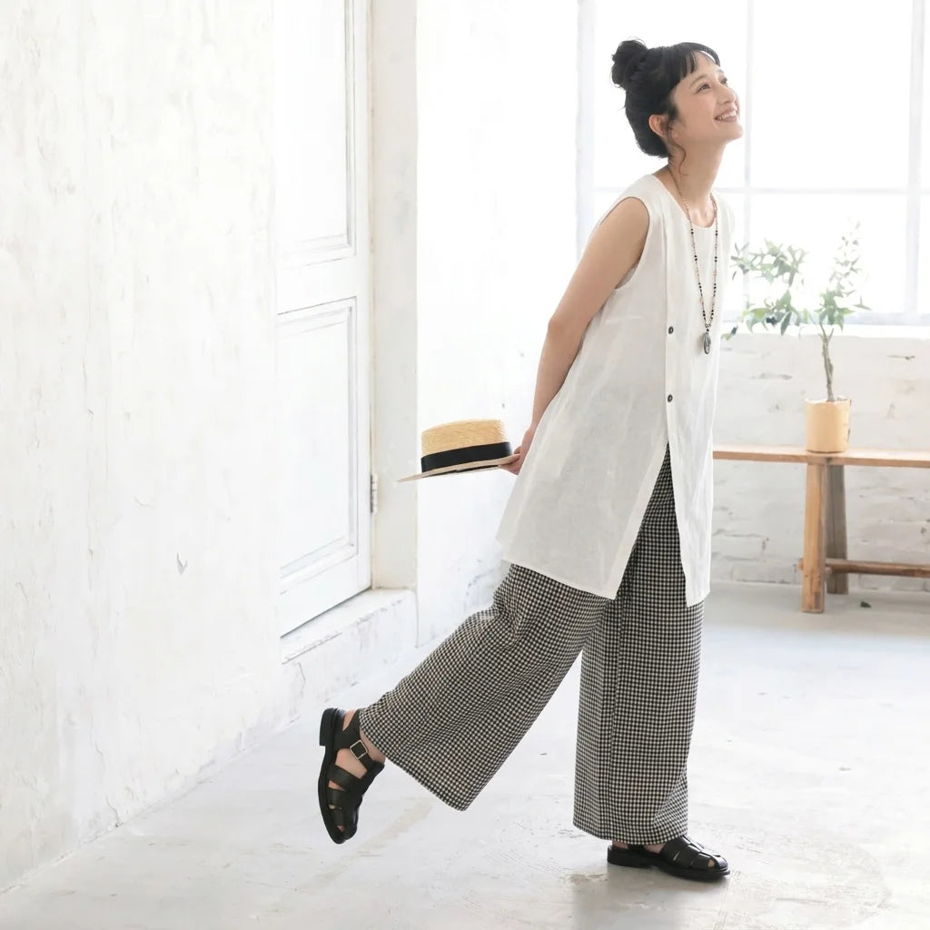 【2点セット】スリップタンクチェックワイドパンツ綿麻 2 点セット