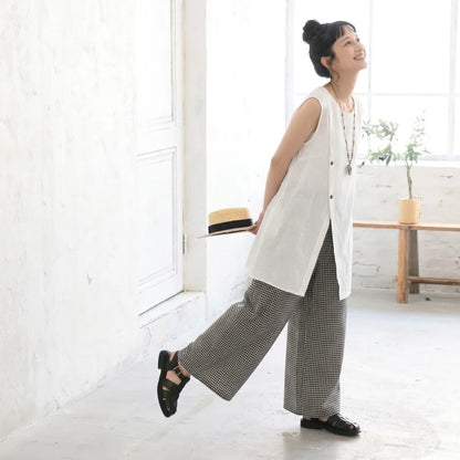 【2点セット】スリップタンクチェックワイドパンツ綿麻 2 点セット