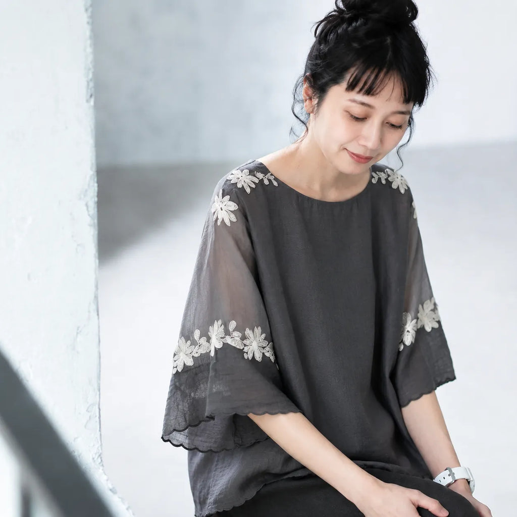 「奇跡の再販」 ラウンドネック 五分袖 刺繍 ノーマルスリーブ 花模様 森ガール シャツ