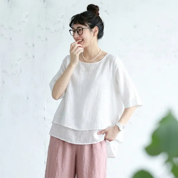 M-2XL 綿麻 レトロ 重ね着風 ゆったり サイドボタン プルオーバー シャツ