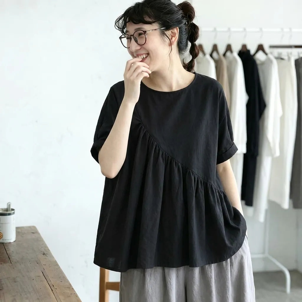 S-4XL ラウンドネック プルオーバー 半袖 プリーツ 無地 ファッション Tシャツ