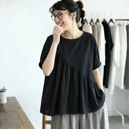 S-4XL ラウンドネック プルオーバー 半袖 プリーツ 無地 ファッション Tシャツ