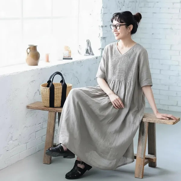 【リネン】M-2XL 袖あり！Vネック 五分袖 Aライン なみなみタック 着心地が良い ワンピース