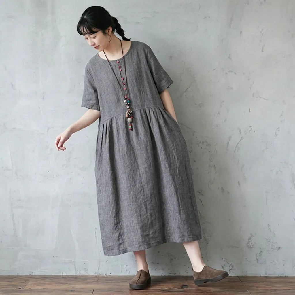 M-2XL 綿麻 Aライン ボタン ノーマルスリーブ 五分袖ワンピース