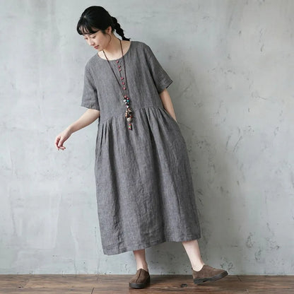 M-2XL 綿麻 Aライン ボタン ノーマルスリーブ 五分袖ワンピース