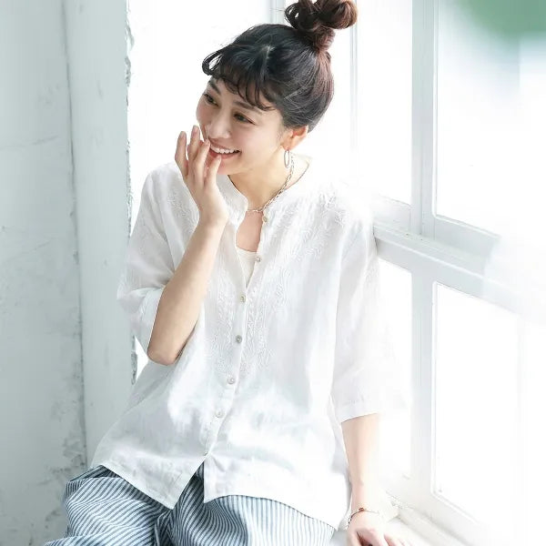M-2XL 綿麻 ゆったり刺繍シャツ 柔らか肌触り 毎日使える