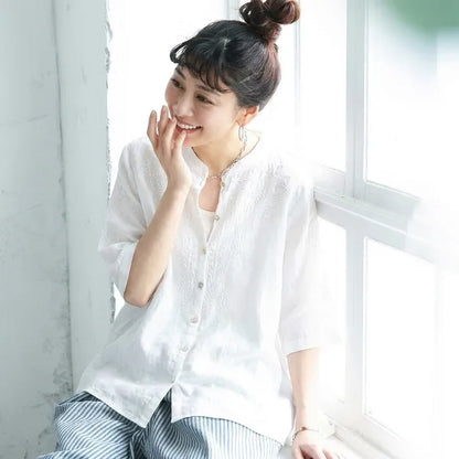 M-2XL 綿麻 ゆったり刺繍シャツ 柔らか肌触り 毎日使える