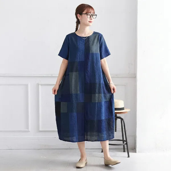 M-2XL 綿麻 チェック柄 Aライン 半袖 カジュアル 半袖ワンピース