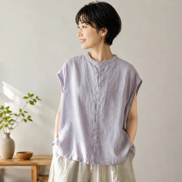 M~2XL 綿麻 スタンドネック 切り替え 無地 デイリー 体型をカバー カジュアル シャツ
