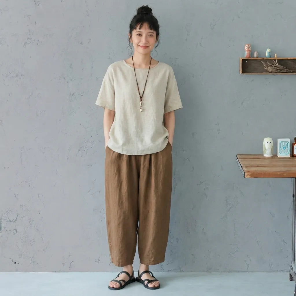 【2点セット】クルーネック綿麻半袖トップ×サルエルパンツ