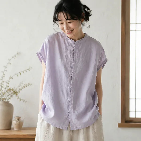 M~2XL 綿麻 スタンドネック 切り替え 無地 デイリー 体型をカバー カジュアル シャツ