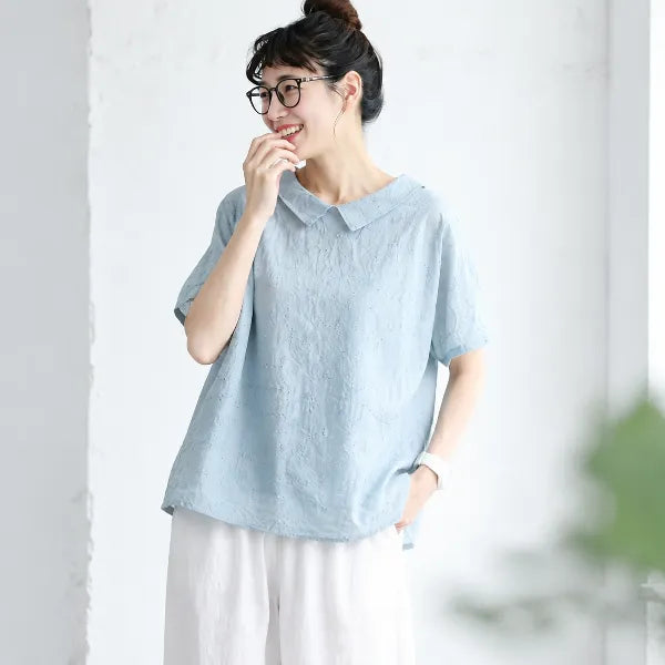 ナチュラル M~2XL リラックス＆レトロな夏の定番アイテム 半袖ブラウス/ダボシャツ・ラクに着られる