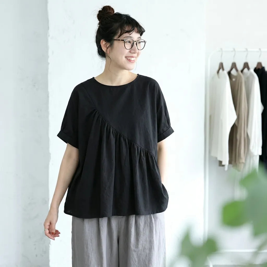 S-4XL ラウンドネック プルオーバー 半袖 プリーツ 無地 ファッション Tシャツ