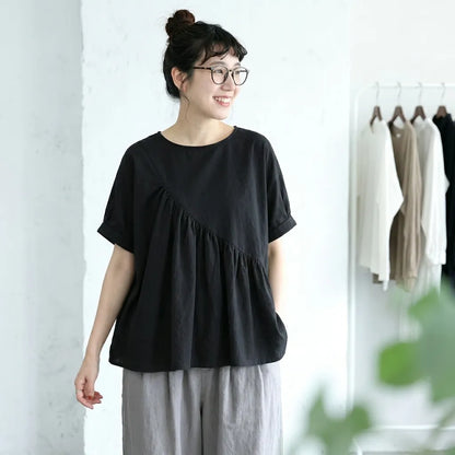 S-4XL ラウンドネック プルオーバー 半袖 プリーツ 無地 ファッション Tシャツ