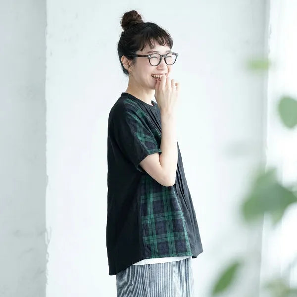 M-XL 綿麻 チェック柄 プリーツ 切り替え Tシャツ