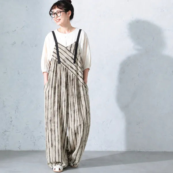 M-XL ロング丈 ハイウエスト ボーダー 半袖 カジュアル オールインワン