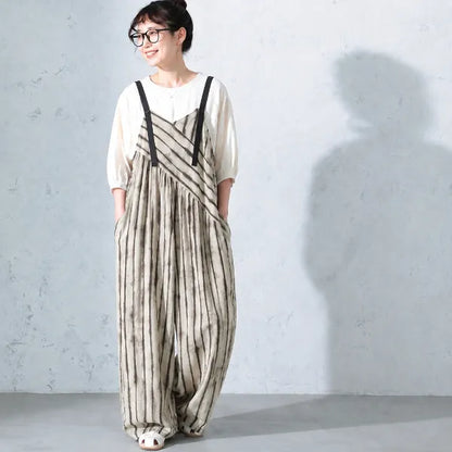 M-XL ロング丈 ハイウエスト ボーダー 半袖 カジュアル オールインワン