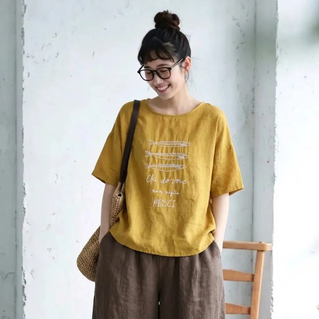フリーサイズ リネン ラウンドネック プリント 半袖 レトロ Tシャツ