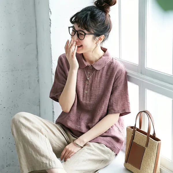 【Ｍ-2XL】リネン生地 綿麻 POLOネック ボタン半開き | 通勤 シャツ