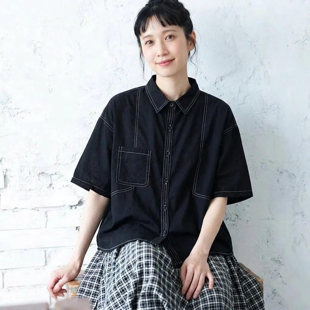 デザイン性あり 5 分袖ゆるカジュアルシャツ