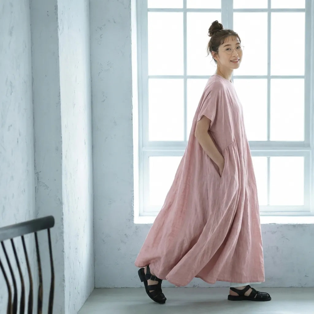 M-XL 脇ポケットリネン ロングワンピース ナチュラル