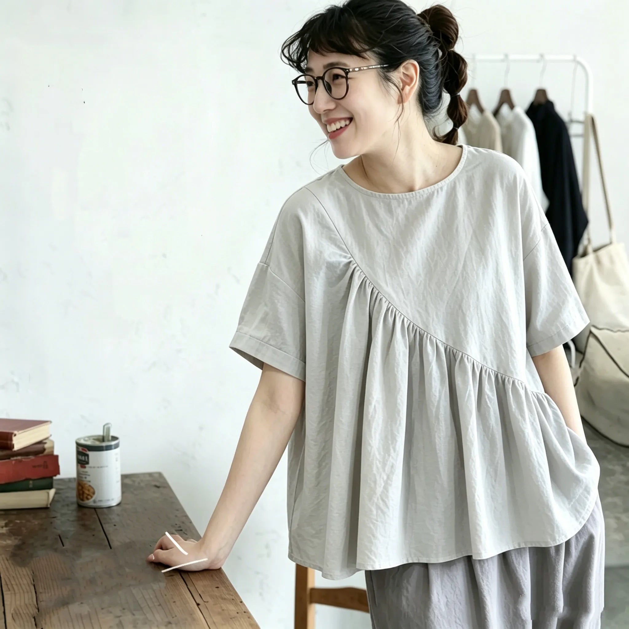S-4XL ラウンドネック プルオーバー 半袖 プリーツ 無地 ファッション Tシャツ