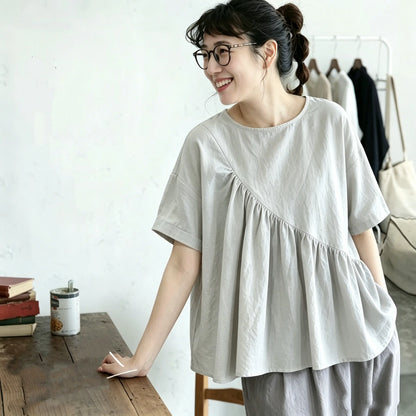 S-4XL ラウンドネック プルオーバー 半袖 プリーツ 無地 ファッション Tシャツ