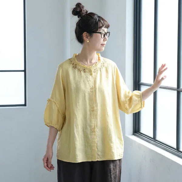 M-2XL 刺繍フリル襟リネンバルーン袖ブラウス