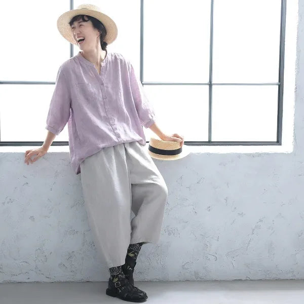 【綿麻】ゆったり シングルボタン 体型カバー 大人カジュアル レディース 半袖Tシャツ