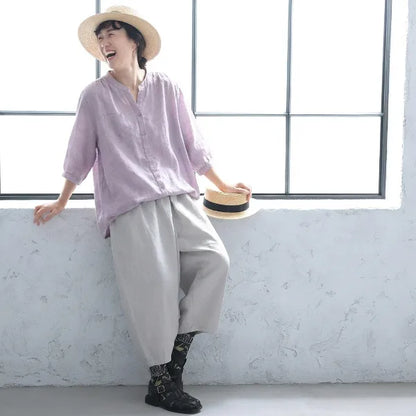 【綿麻】ゆったり シングルボタン 体型カバー 大人カジュアル レディース 半袖Tシャツ