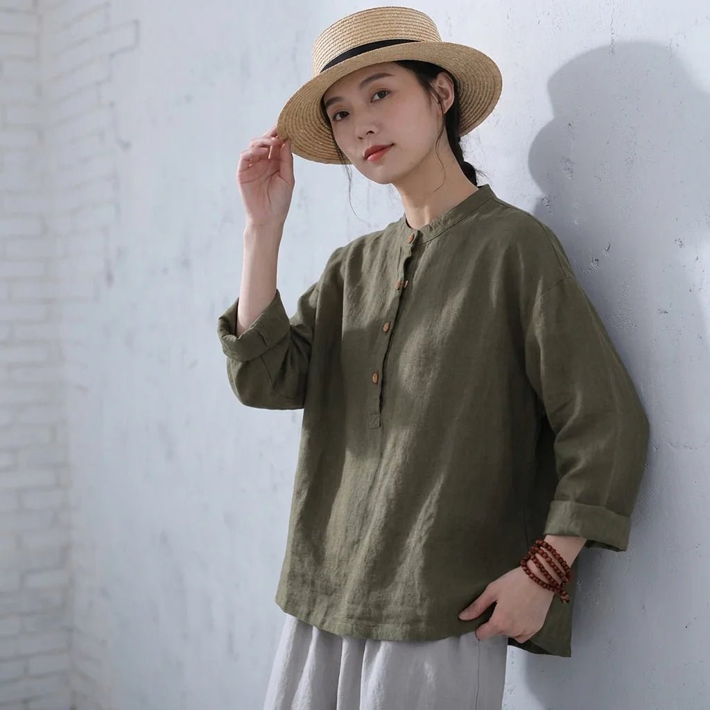 M~3XL レトロ コットン リネン 立襟 プルオーバー 長袖シャツ