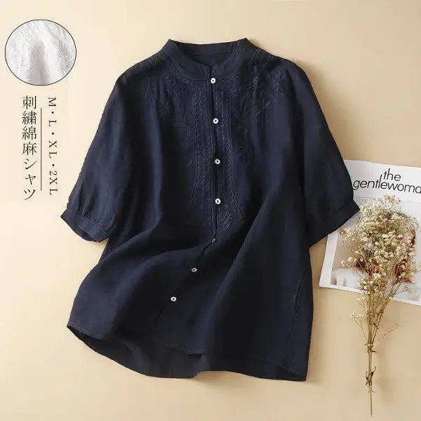 M-2XL 綿麻 ゆったり刺繍シャツ 柔らか肌触り 毎日使える