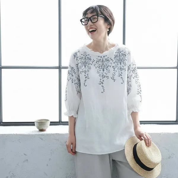 M-4XL 綿麻 ラウンドネック 五分袖 プリント 清新 Tシャツ