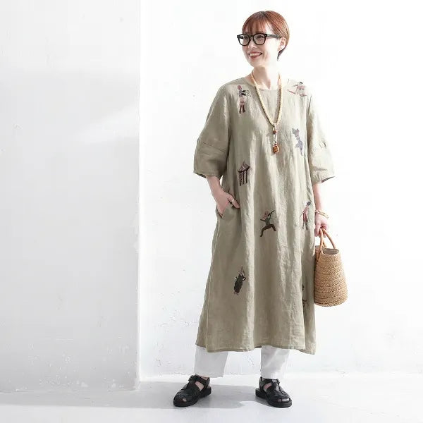 M-2XL リネン 刺繍 丸首 半袖 Aライン ワンピース