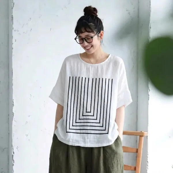 M-2XL ダブルガーゼ ラウンドネック 半袖 プリント ノーマルスリーブ 森ガール Tシャツ
