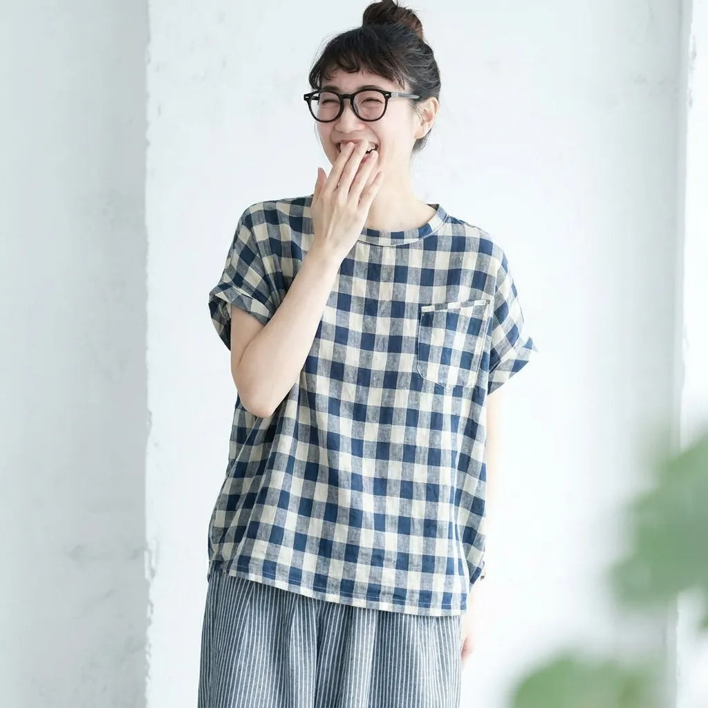 フリー 半袖 チェック柄 落ち肩スリーブ ポケット付き ラウンドネック 清新 Tシャツ