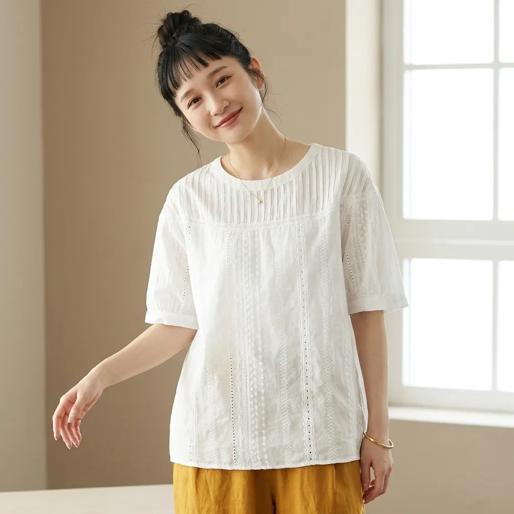 ヴィンテージ甘めデザイン前開きなし襟付きTシャツ