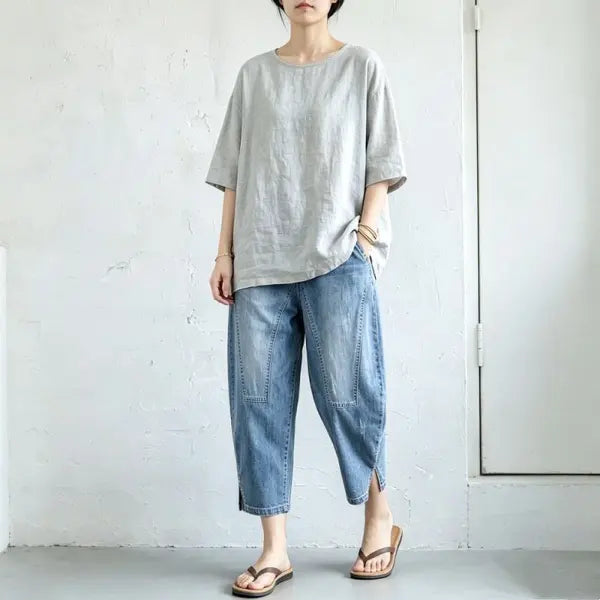 M-3XL 薄手素材 デニム クロップド丈（7分丈） ポケット付き 無地 ジーンズ