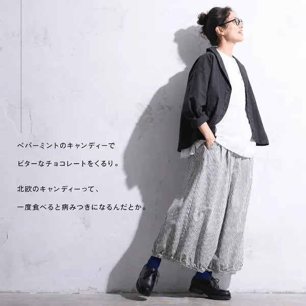 M-5L コットン100% ナチュラル ストライプ 休日/外出 夏でも涼しい ガウチョパンツ