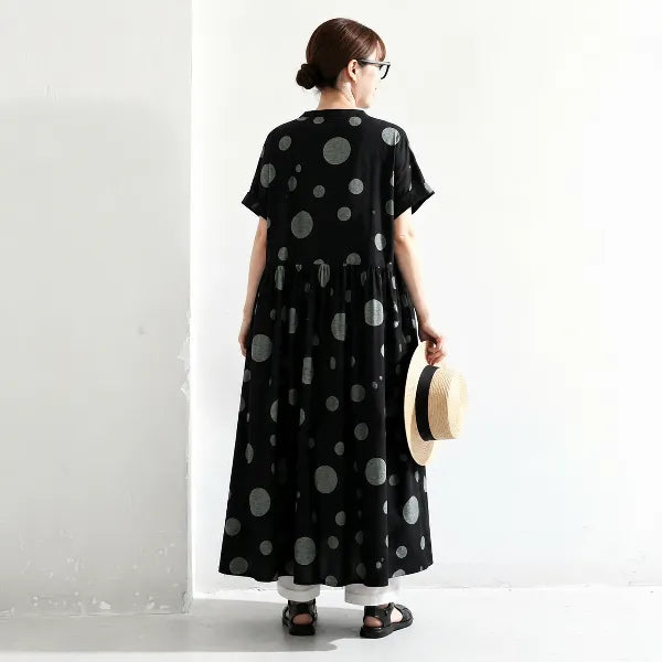 M-2XL 夏でも涼しい カフェ時間に プリーツ ポケット付き ドット柄 レトロ 半袖ワンピース