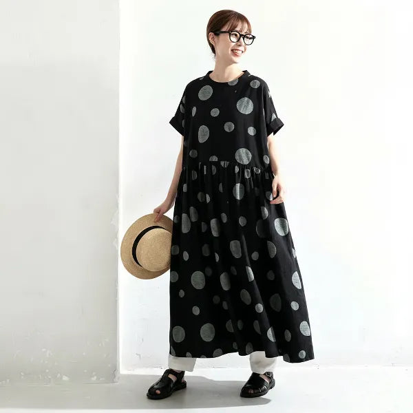 M-2XL 夏でも涼しい カフェ時間に プリーツ ポケット付き ドット柄 レトロ 半袖ワンピース