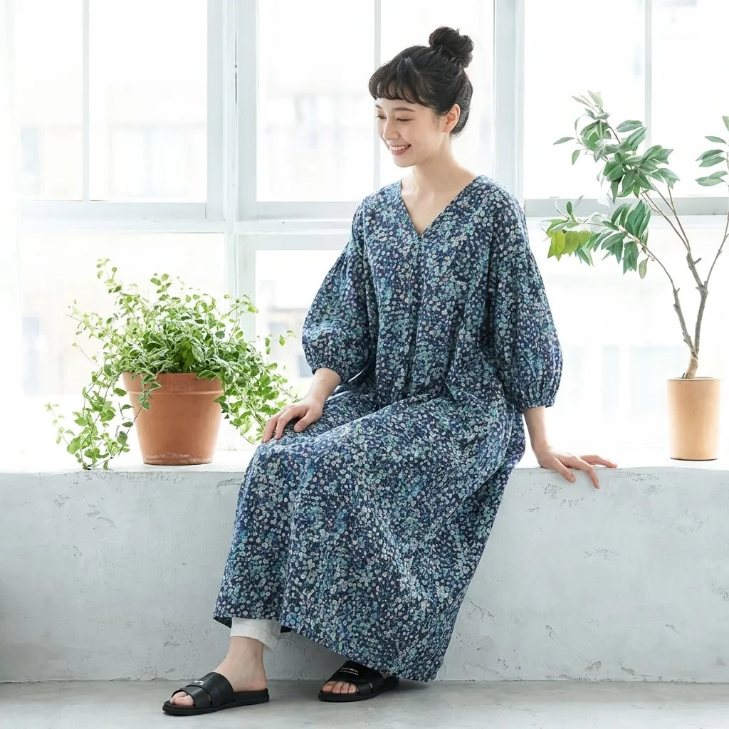 血色良く見せる小花柄薄綿バブルスリーブワンピース