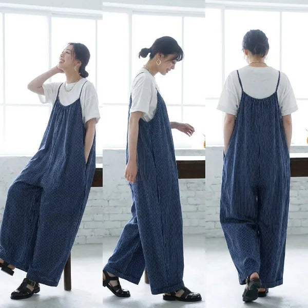 M~2XL コットン ストライプ柄 ノースリーブ オールインワン