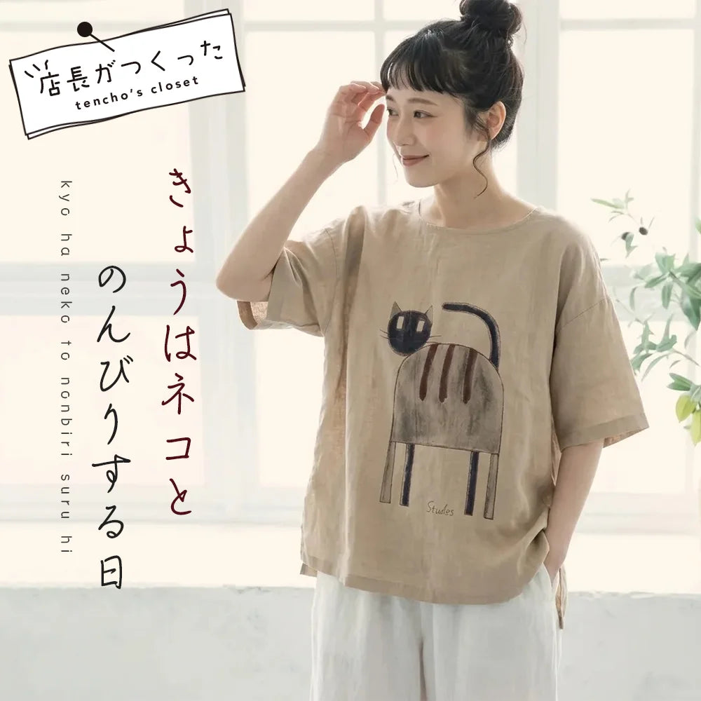ねこと過ごす、風通しのいいコットンリネンTシャツ
