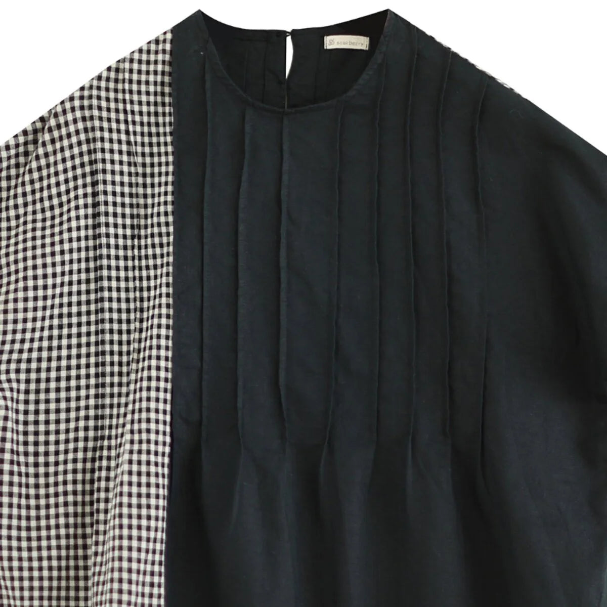 M-XL 綿麻 チェック柄 プリーツ 切り替え Tシャツ