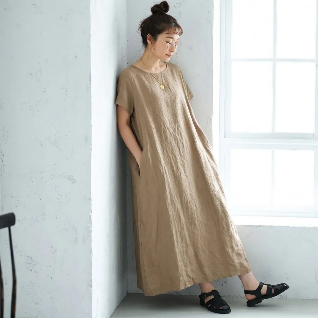 M-XL 脇ポケットリネン ロングワンピース ナチュラル